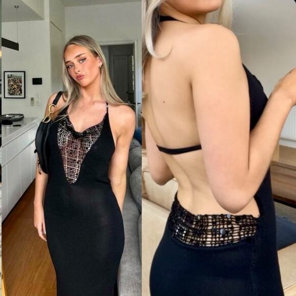 Aya Muse Alpin Beaded Open Back Halter Dress Black Size XL NWT - Picture 1 of 11
